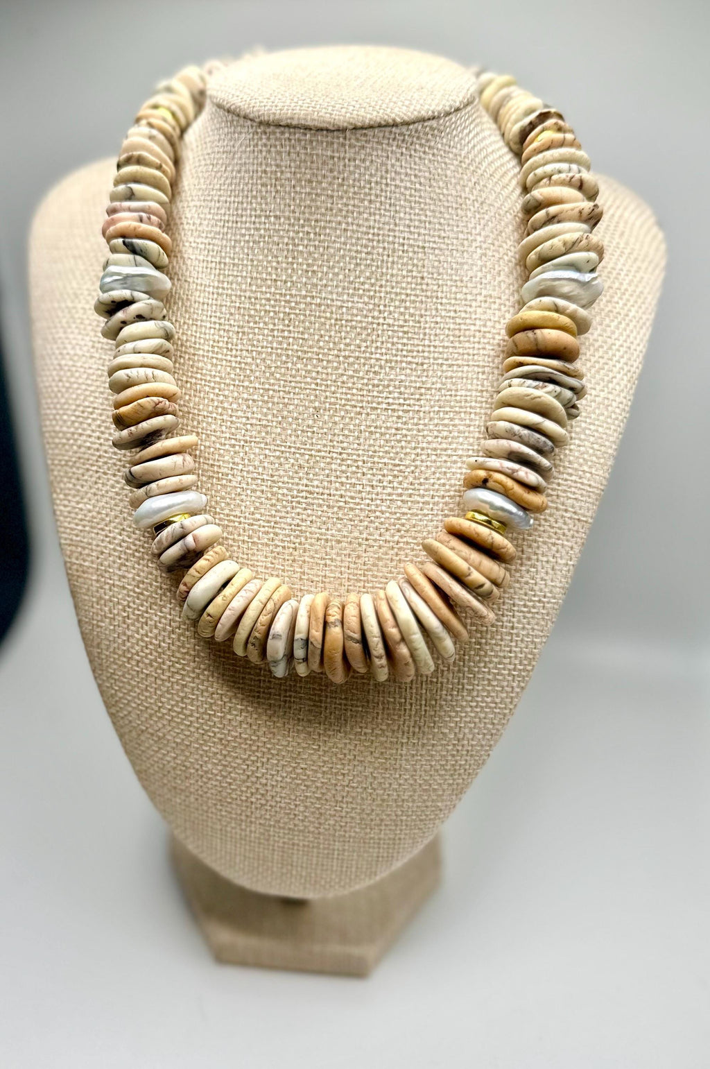 Pearl & Grey Turquoise Stone Beaded Necklace | Neutral Boho Statement Jewelry