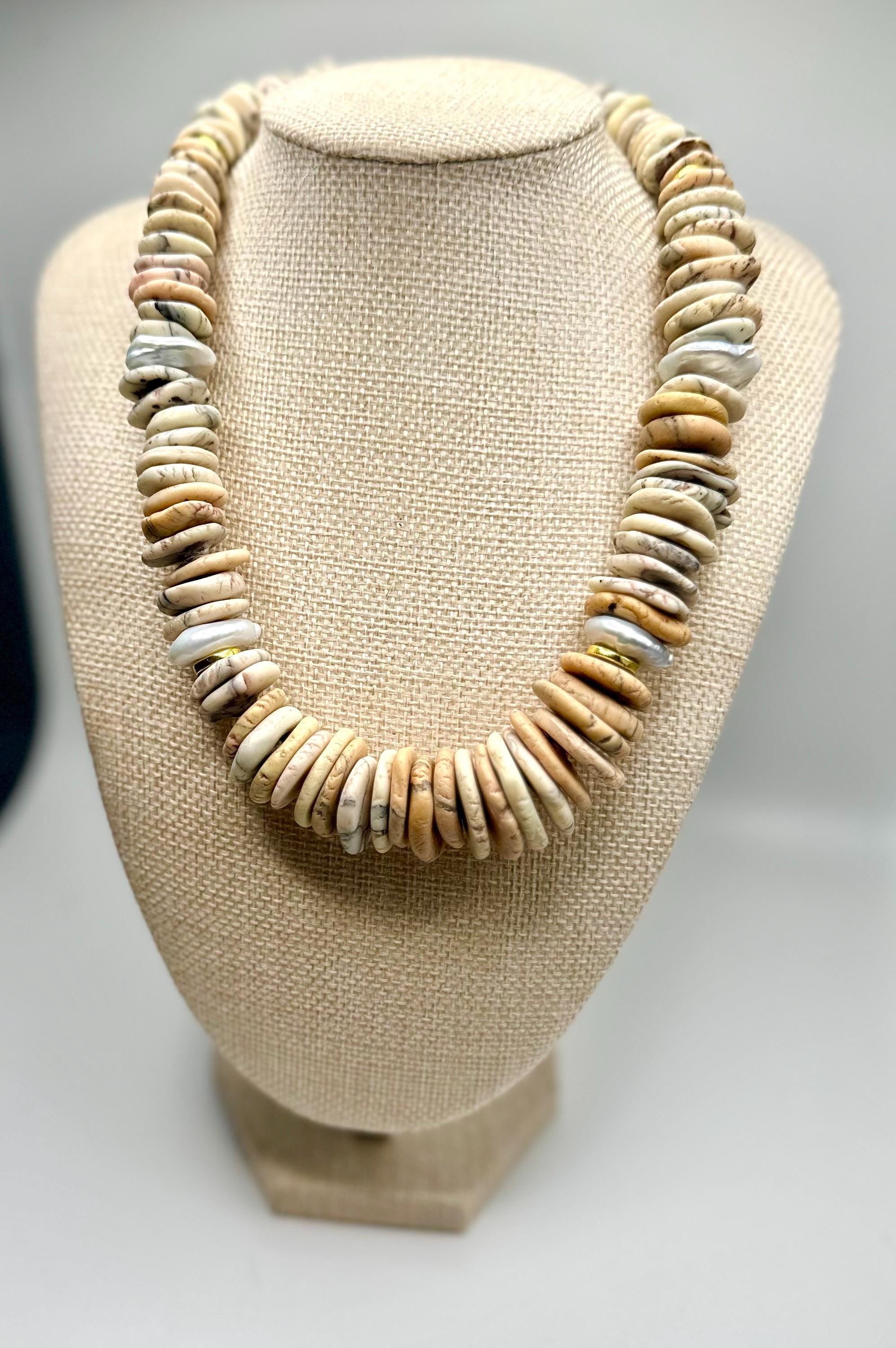 Pearl & Grey Turquoise Stone Beaded Necklace | Neutral Boho Statement Jewelry