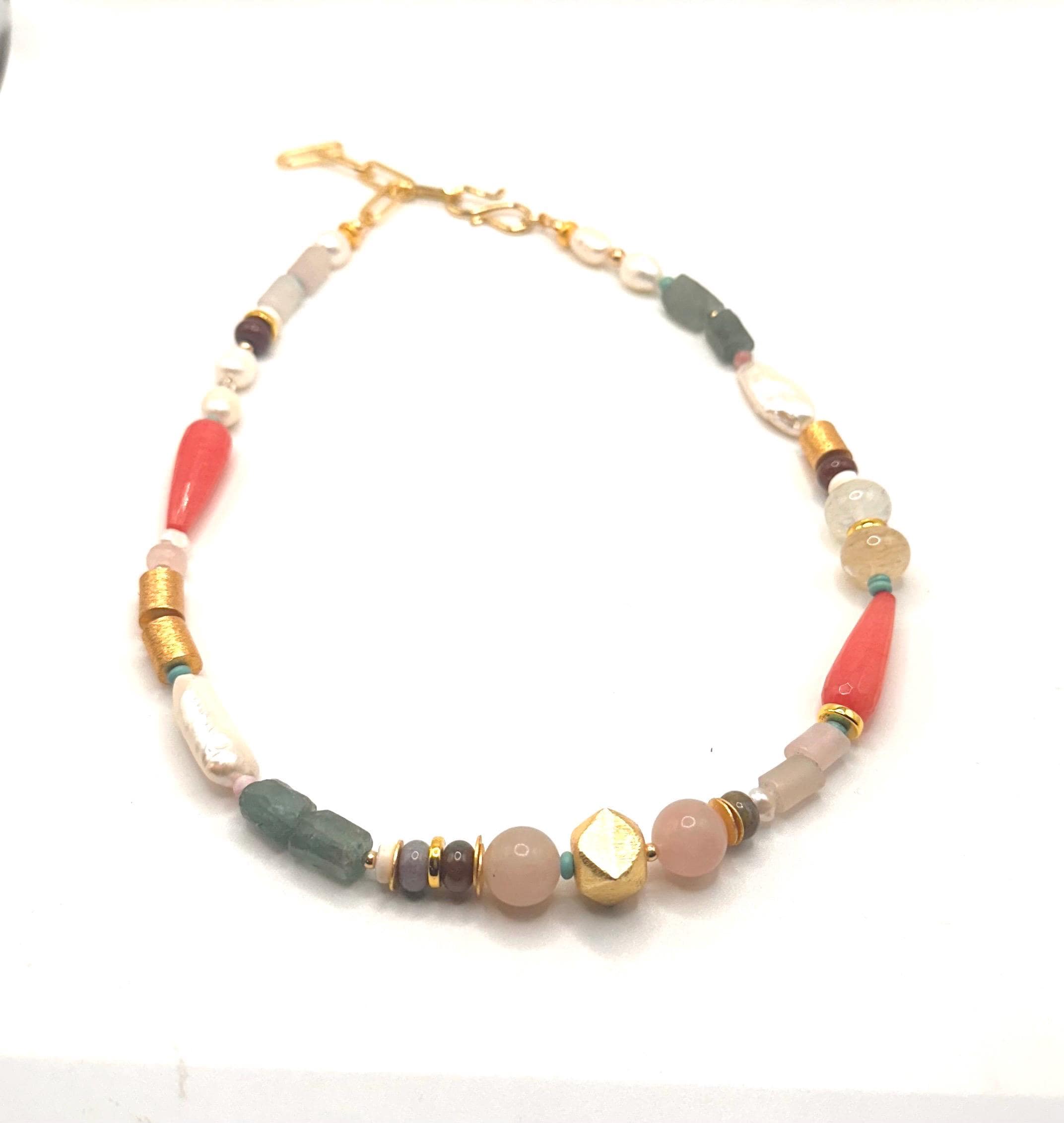 Multi-Colored Gemstone & Pearl Beaded Necklace | Boho Statement Jewelry