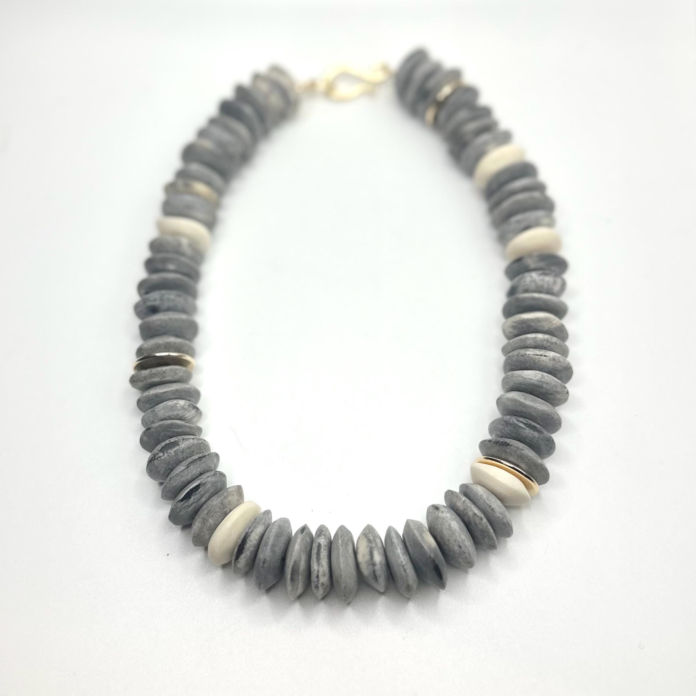 Indigo Grey Bone Bead Statement Necklace | Neutral Fall Boho Jewelry