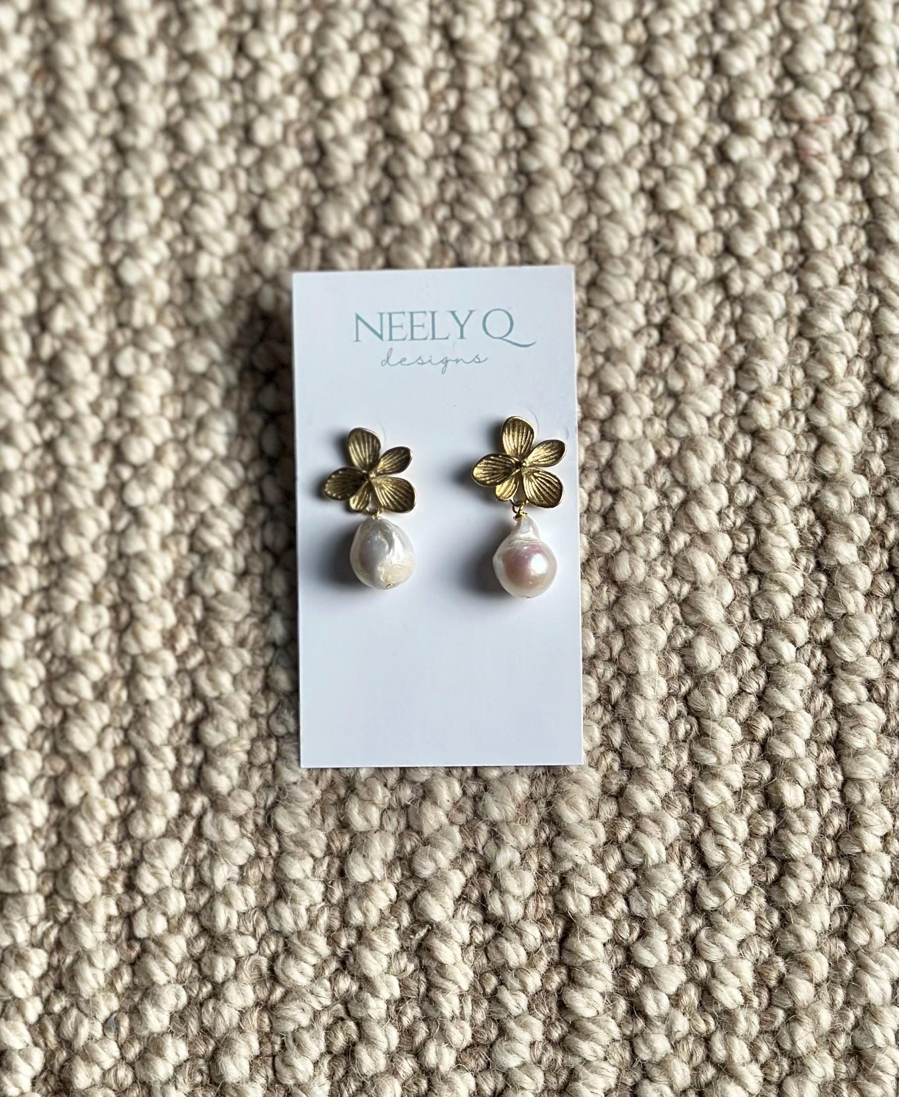 Gold Flower & Baroque Pearl Drop Earrings | Dainty Bridal Jewelry