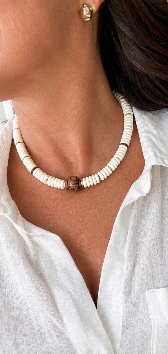 Bone Bead and Wooden Ostuni Necklace: Fall Neutral Statement Jewelry