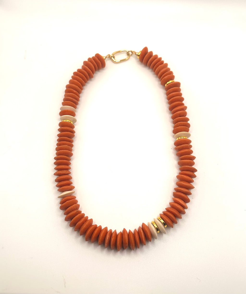 Orange African Glass Beaded Necklace | Boho Statement Jewelry with Gold Accents