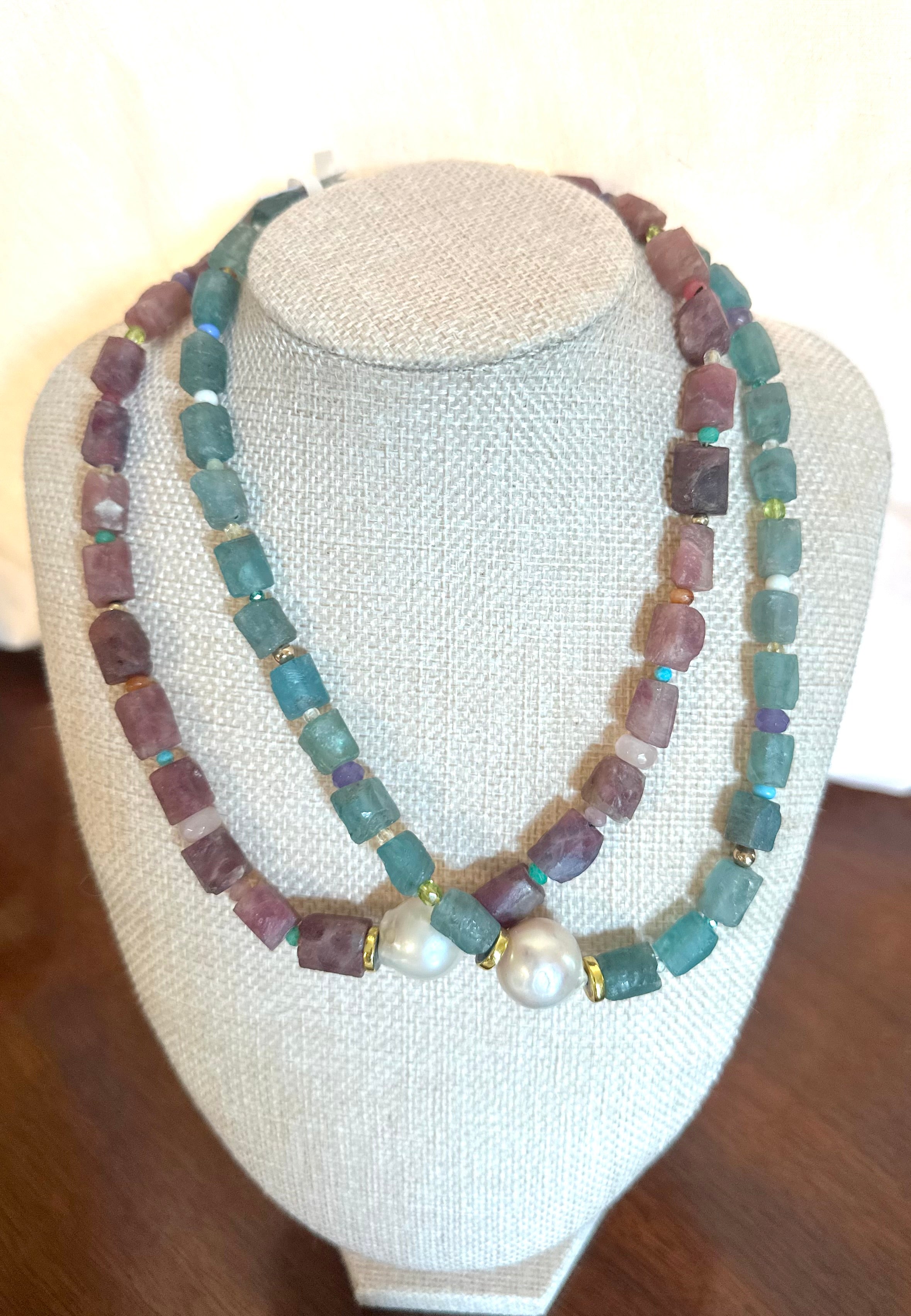 Turquoise Blue Zircon & Baroque Pearl Necklace | Gemstone Statement Jewelry