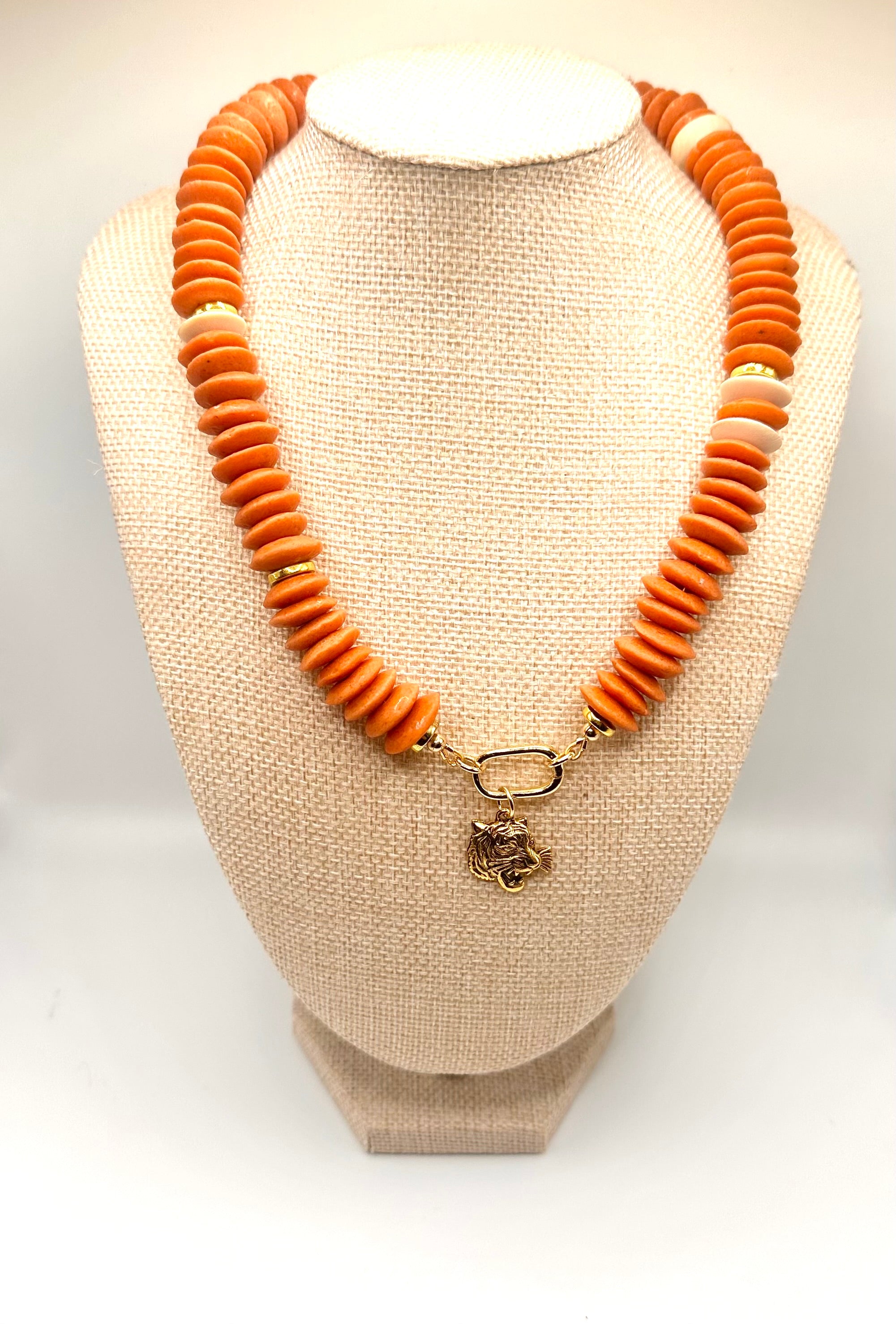 Orange African Glass Beaded Necklace | Boho Statement Jewelry with Gold Accents