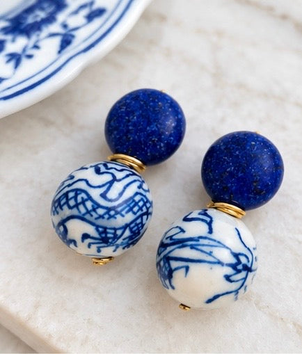 Blue Stone & Chinoiserie Bead Drop Earrings | Dainty Bridal Jewelry