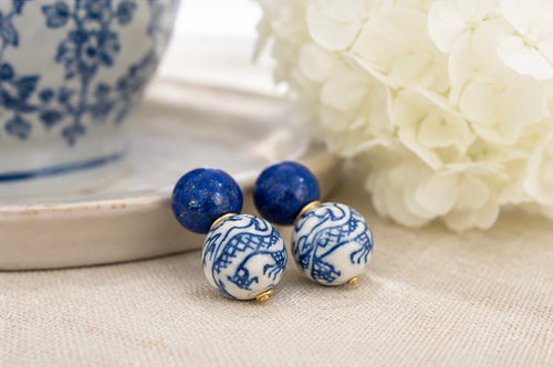 Blue Stone & Chinoiserie Bead Drop Earrings | Dainty Bridal Jewelry
