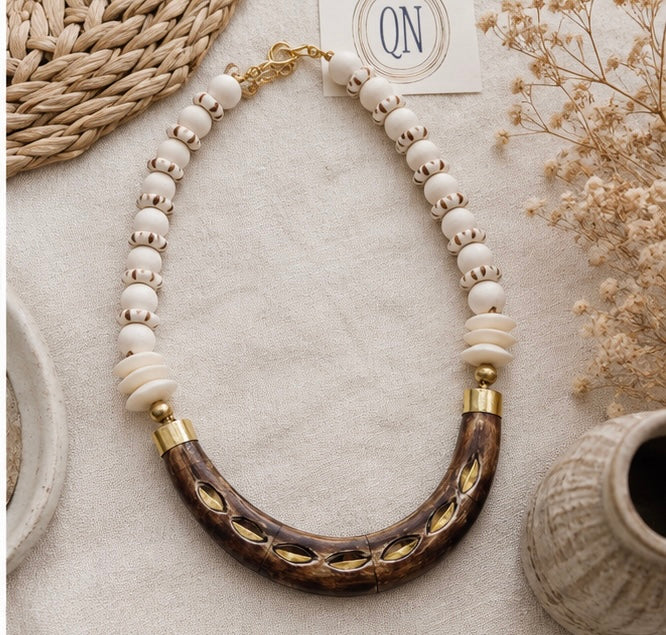Brown Horn Crescent Necklace with African Disc Beads | Neutral Boho Statement Jewelry