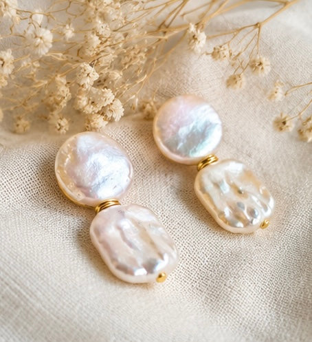 Freshwater Pearl Geo Earrings: Bridal Statement Jewelry