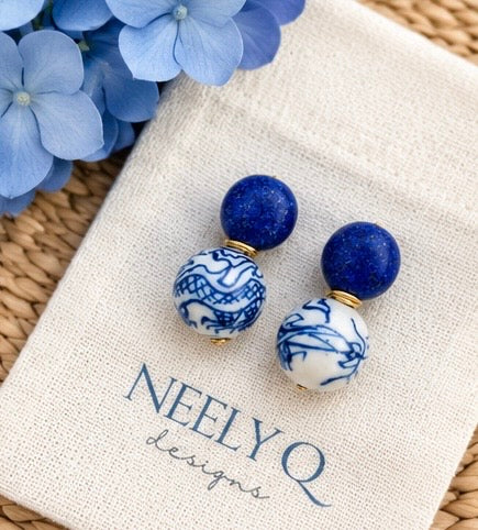 Blue Stone & Chinoiserie Bead Drop Earrings | Dainty Bridal Jewelry