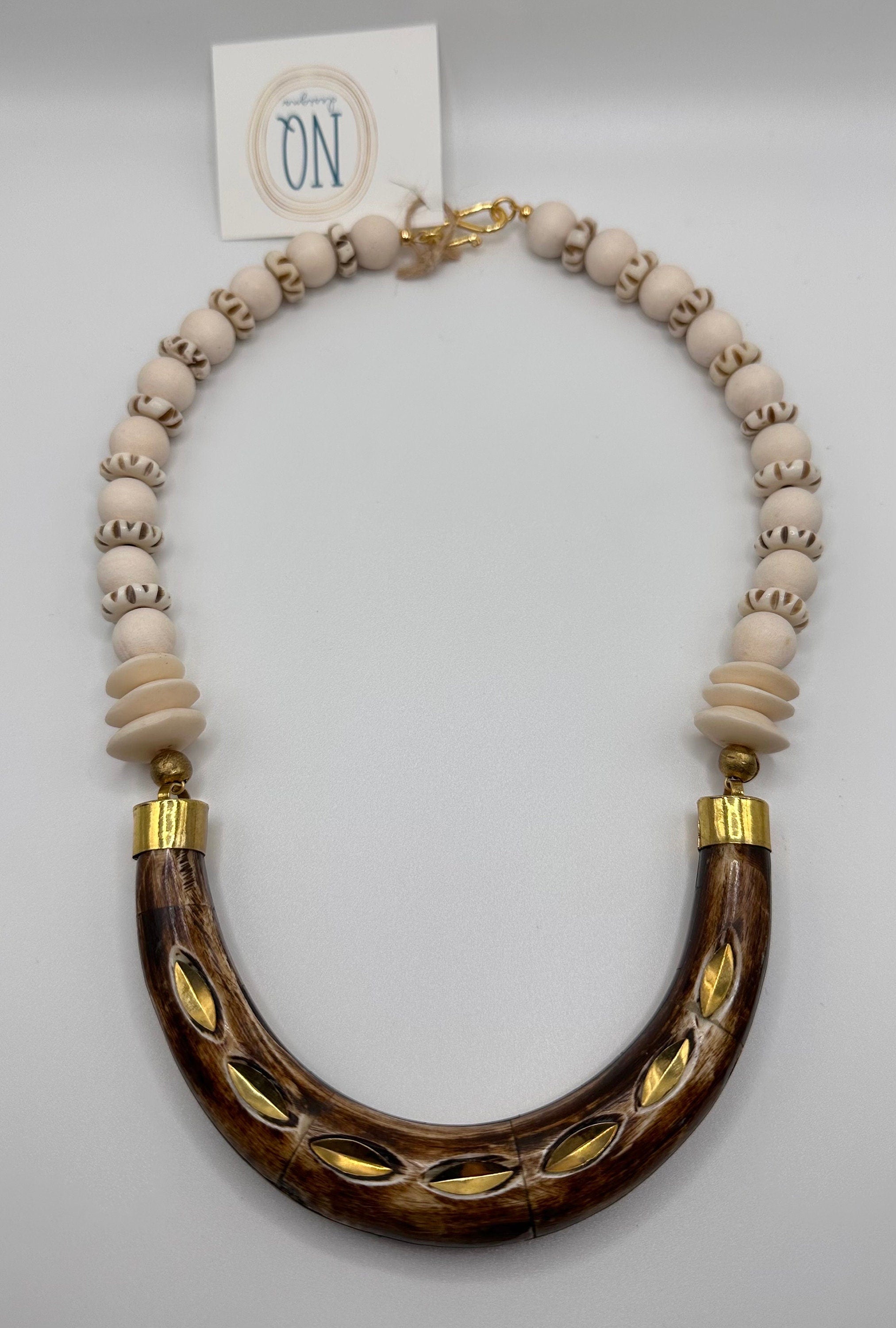 Brown Horn Crescent Necklace with African Disc Beads | Neutral Boho Statement Jewelry