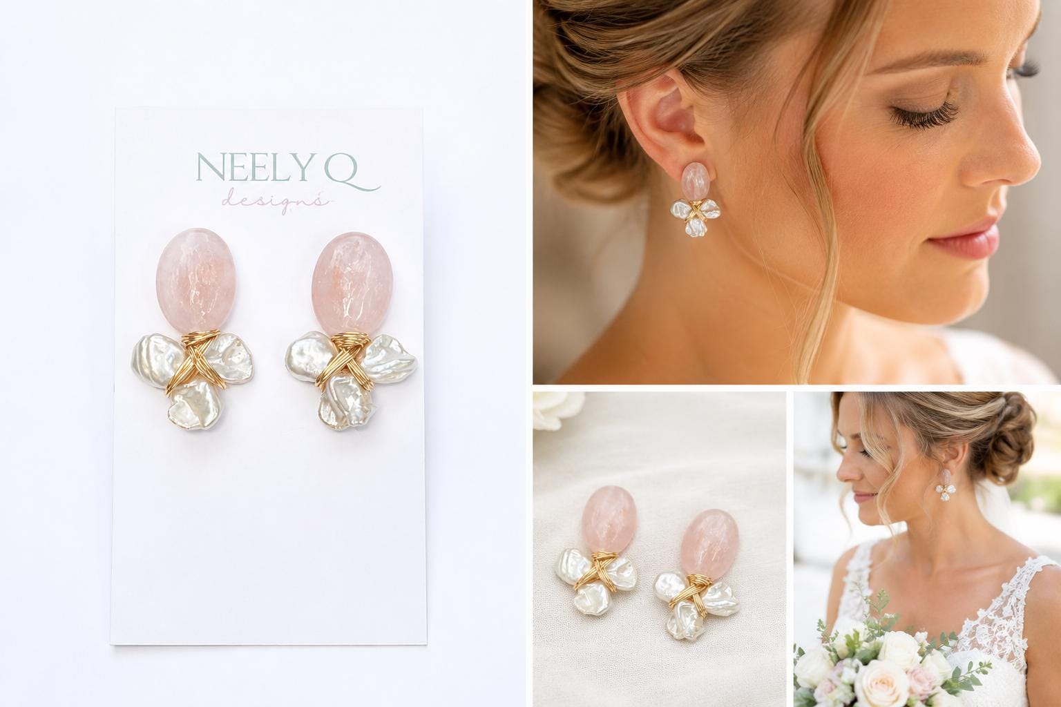 Blush Stone & Pearl Drop Earrings, Bridal Pearl Earrings, Bridesmaid Gift, Wedding Jewelry, Beach Wedding Earrings, Gold Statement Earrings