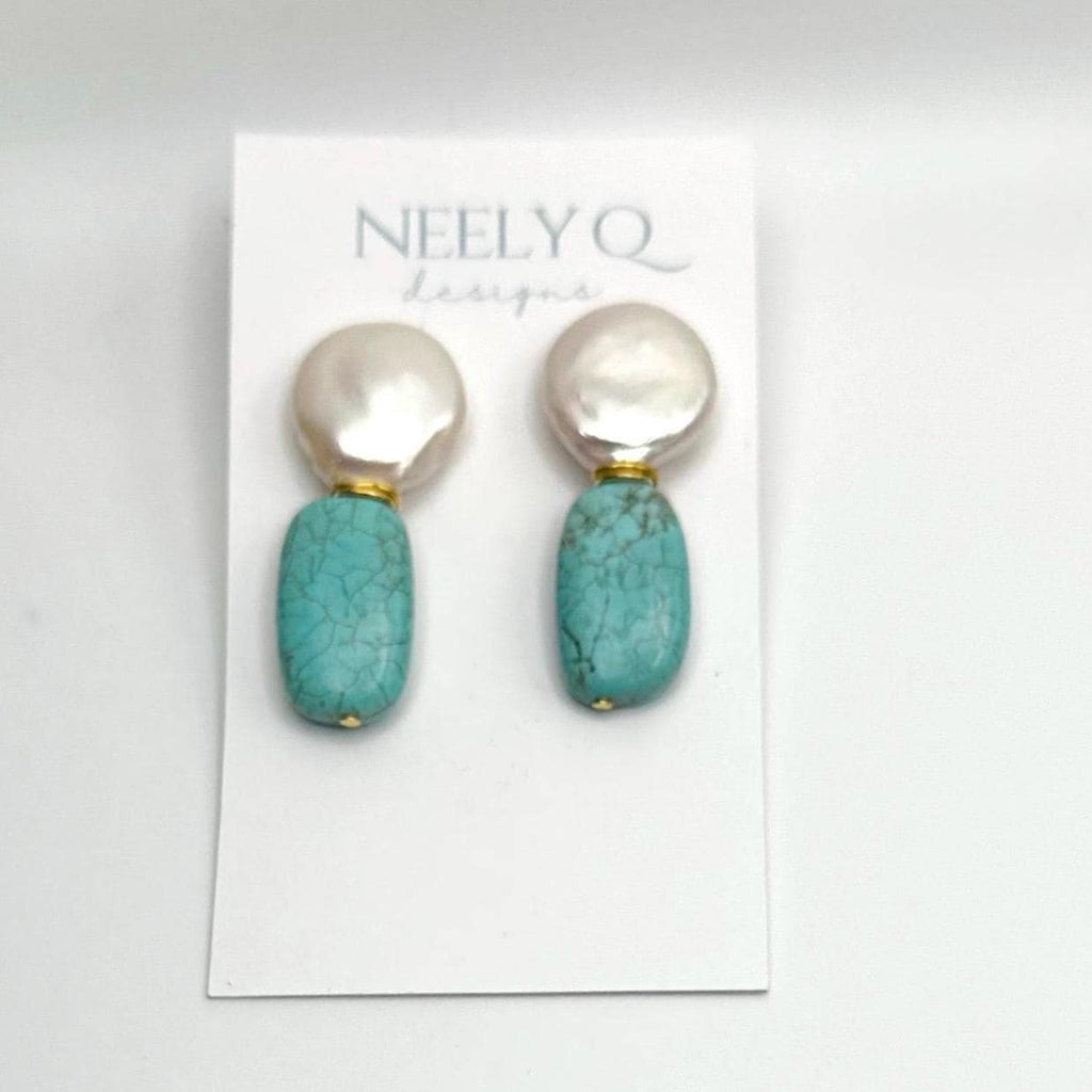 Pearl Turquoise Earrings: Geometric Stone Drop Earrings