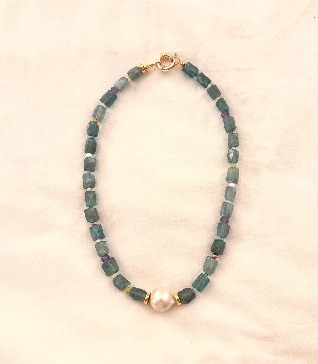 Turquoise Blue Zircon & Baroque Pearl Necklace | Gemstone Statement Jewelry