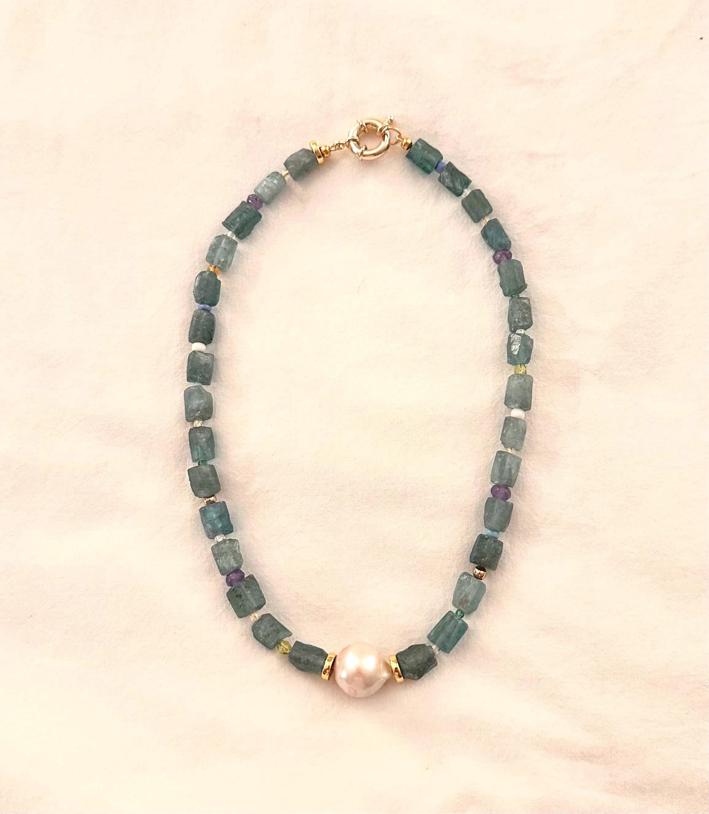 Turquoise Blue Zircon & Baroque Pearl Necklace | Gemstone Statement Jewelry