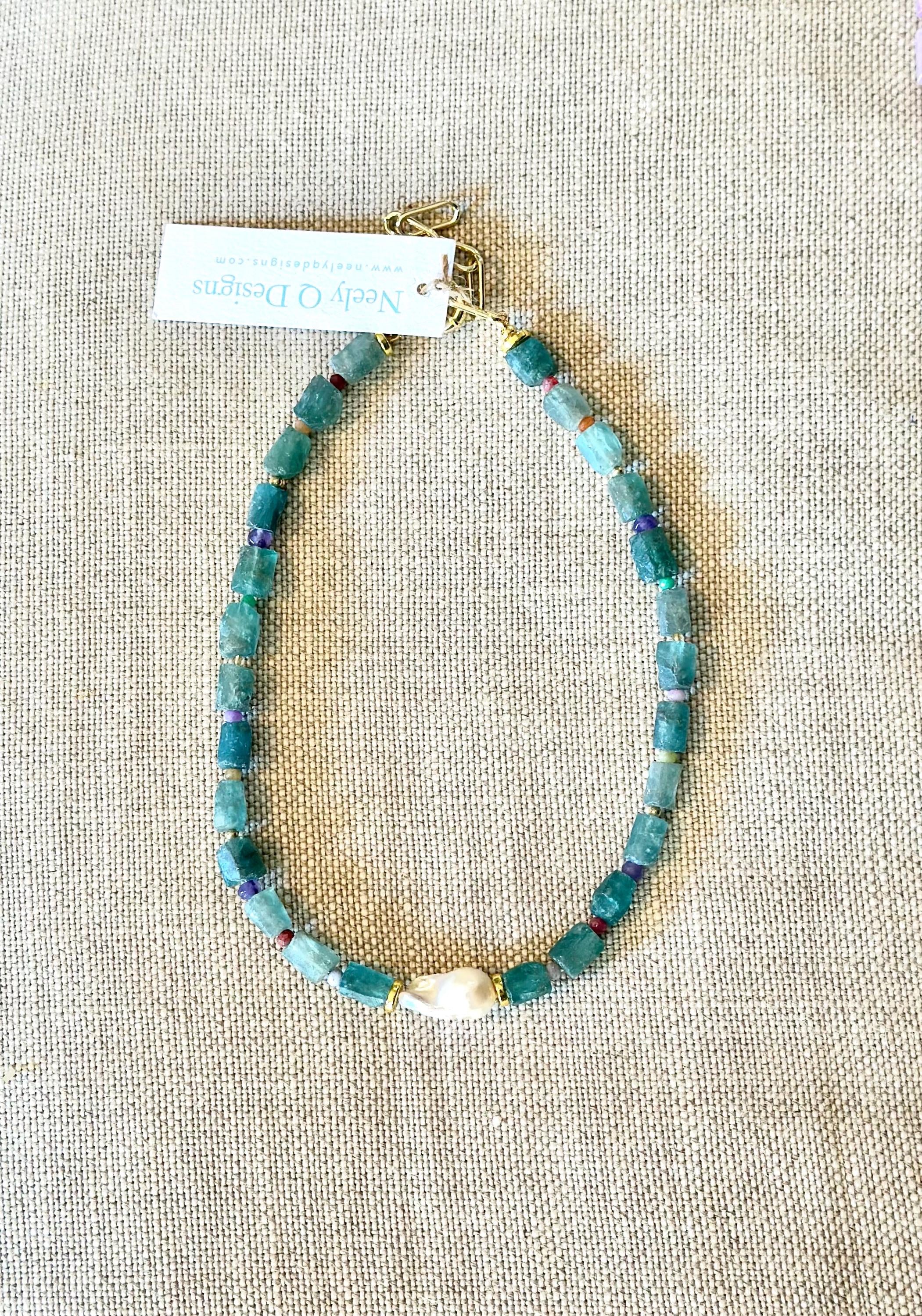 Turquoise Blue Zircon & Baroque Pearl Necklace | Gemstone Statement Jewelry