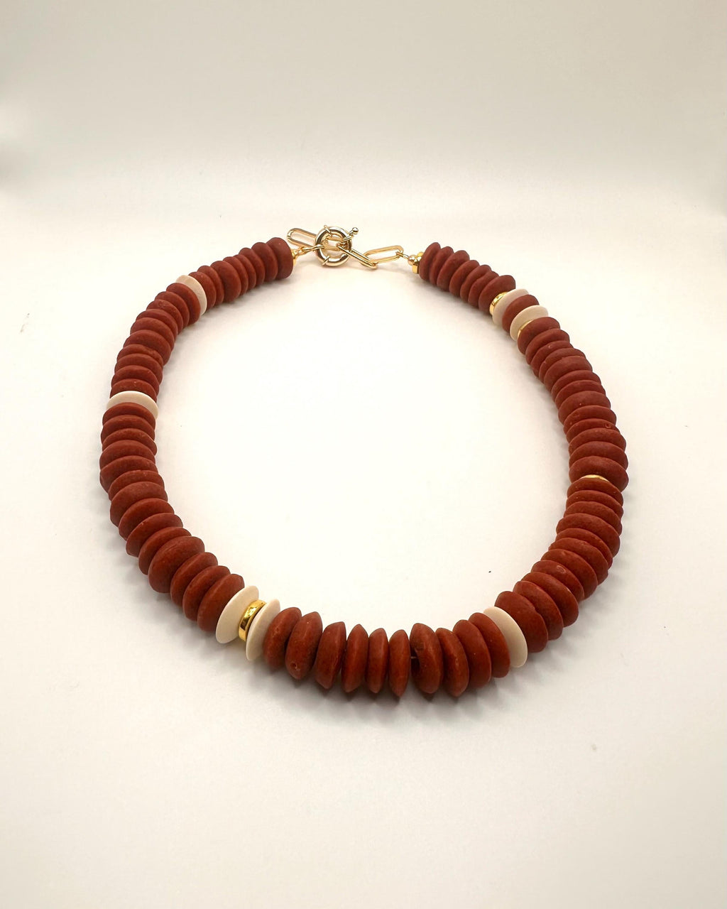 Burgundy African Glass Saucer Bead Necklace: Gold Accents, Boho Jewelry