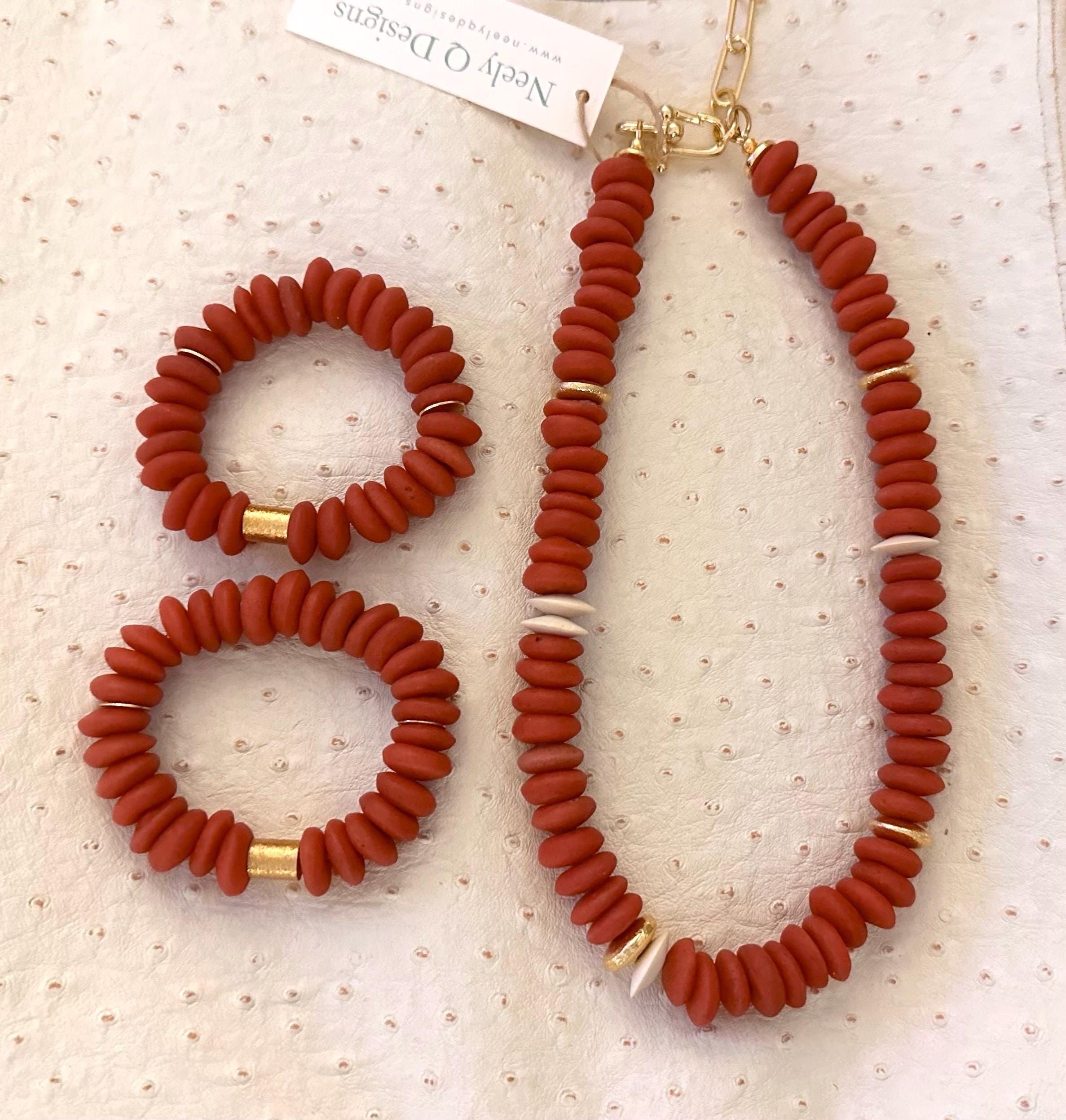 Red African Glass Beaded Necklace | Gameday & Holiday Statement Jewelry with Gold Accents