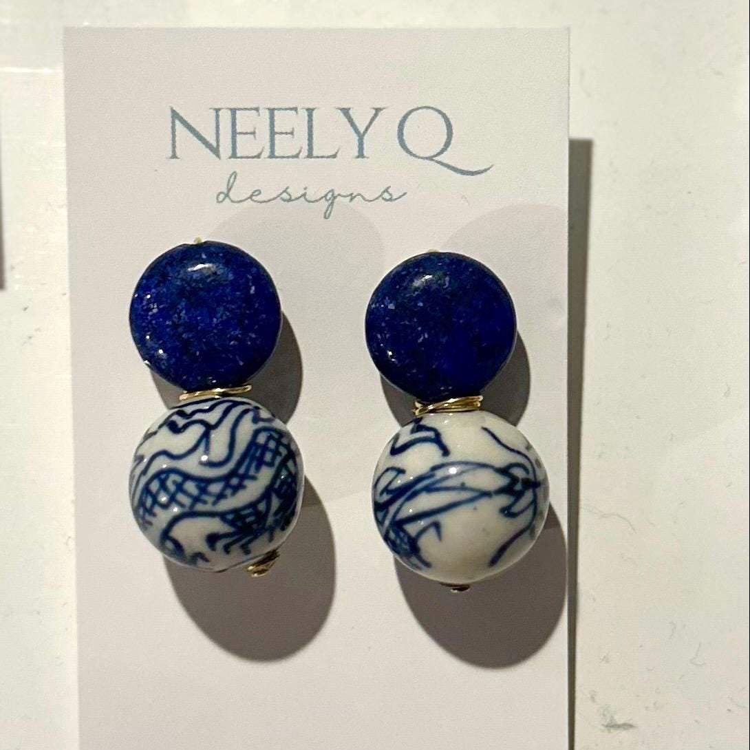 Blue Stone & Chinoiserie Bead Drop Earrings | Dainty Bridal Jewelry