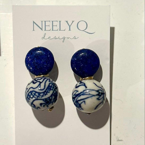 Blue Stone & Chinoiserie Bead Drop Earrings | Dainty Bridal Jewelry
