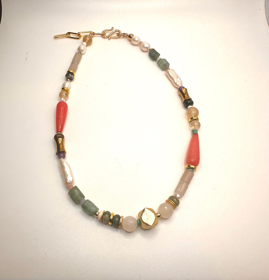 Multi-Colored Gemstone & Pearl Beaded Necklace | Boho Statement Jewelry