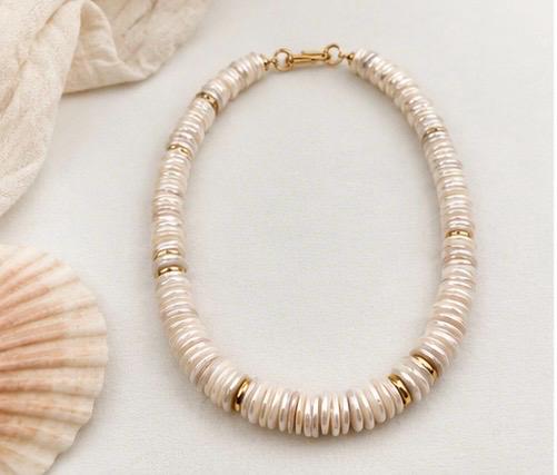 Shell Pearl Disc Bead Necklace | Coastal Jewelry | Neutral Statement Necklace | Beach Necklace | Travel Jewelry Gift for Her