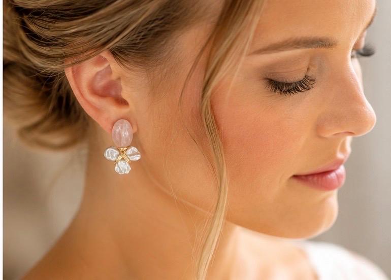 Blush Stone & Pearl Drop Earrings, Bridal Pearl Earrings, Bridesmaid Gift, Wedding Jewelry, Beach Wedding Earrings, Gold Statement Earrings