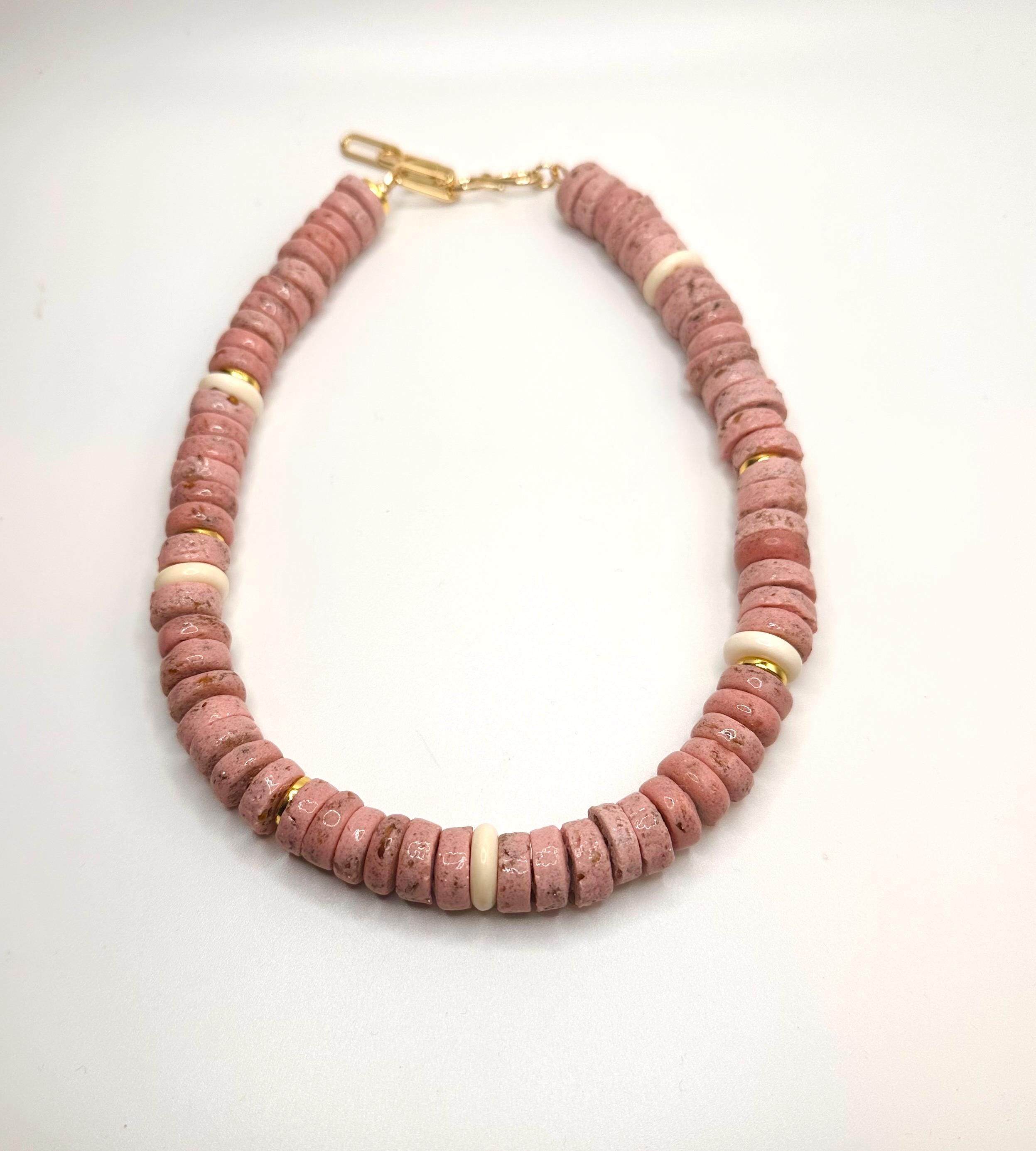 Pink & Cream African Glass Beaded Necklace - Breast Cancer Awareness Jewelry
