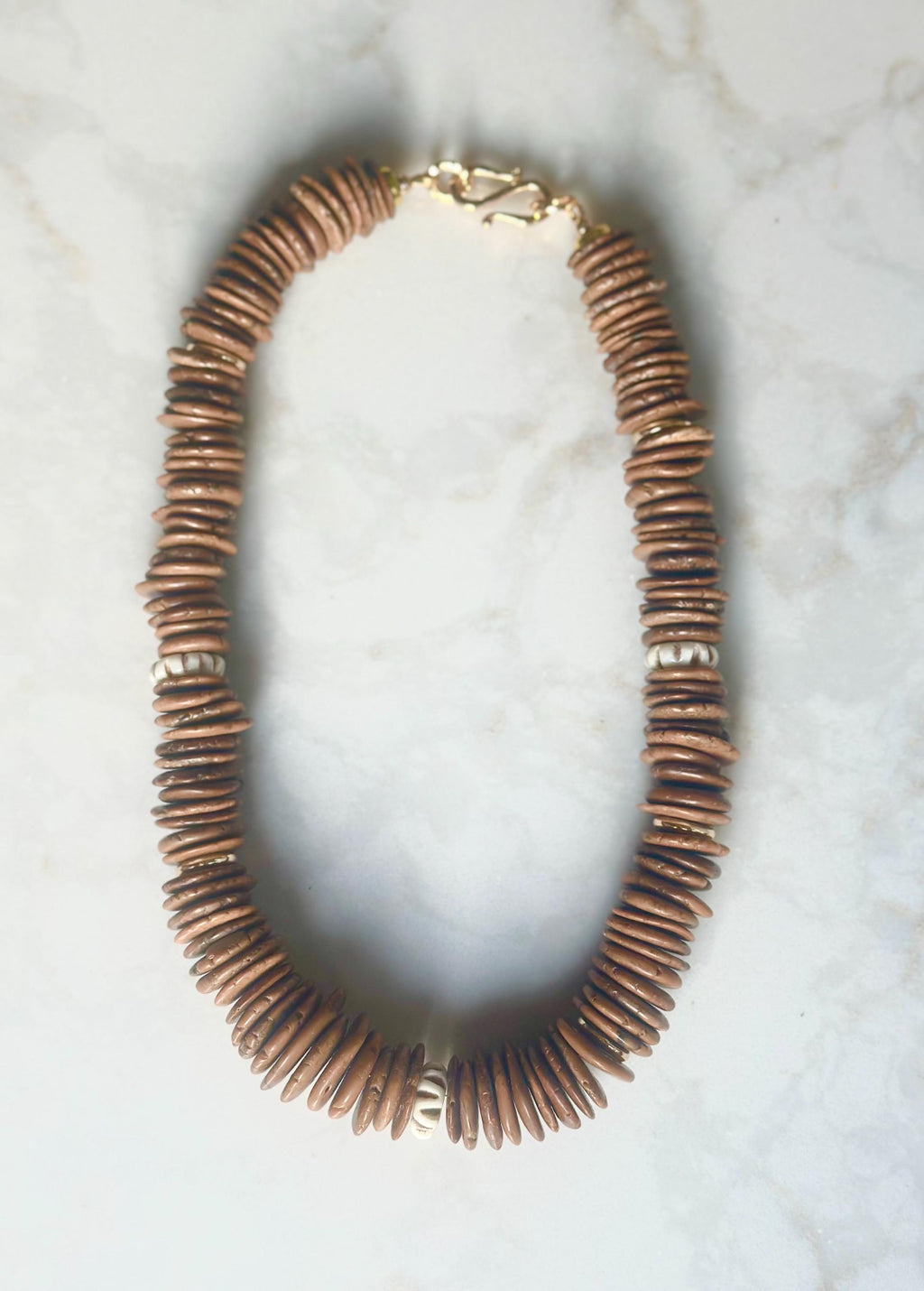 Brown Disc & Turquoise Stone Beaded Necklace | Neutral Fall Statement Jewelry