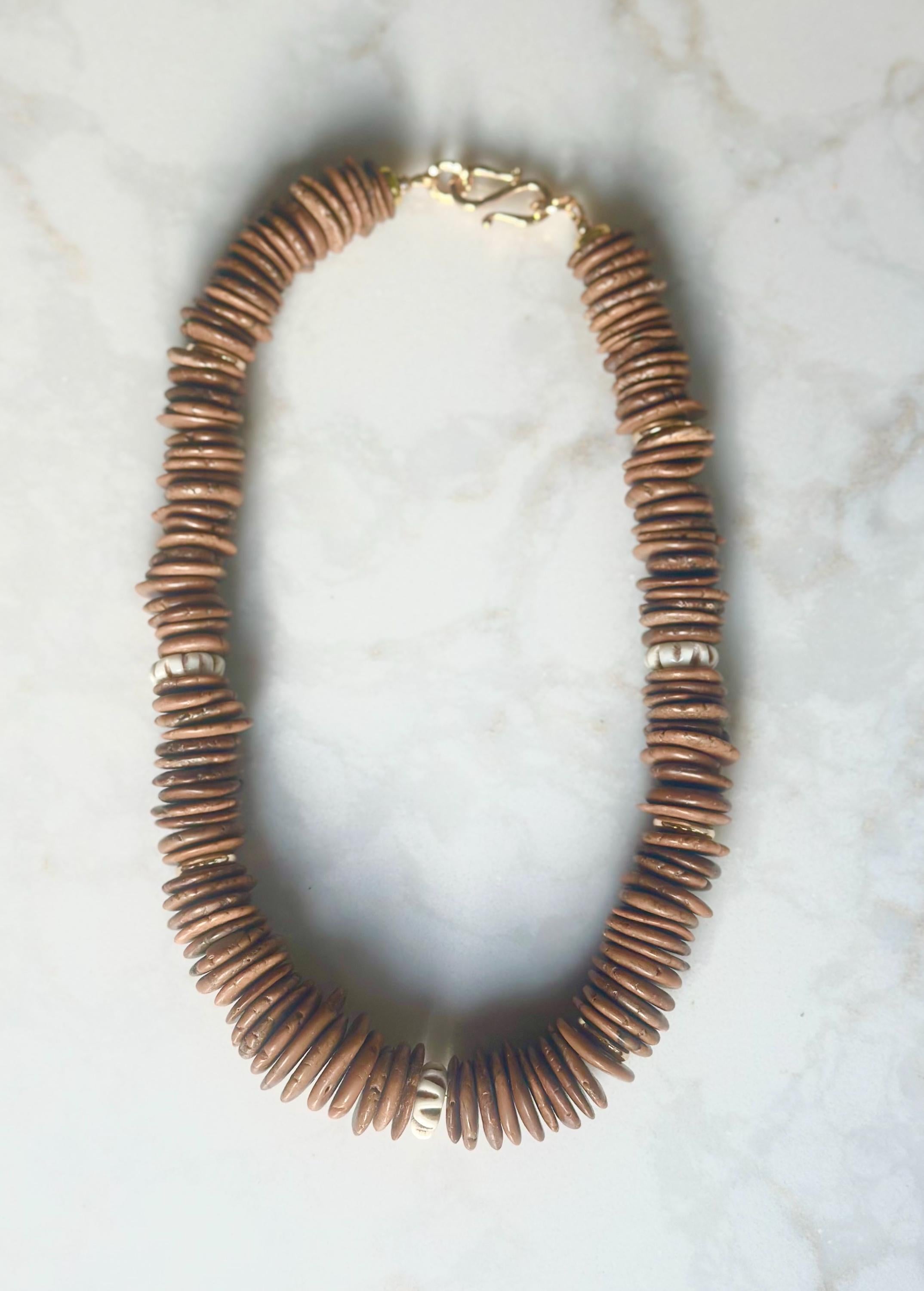 Brown Disc & Turquoise Stone Beaded Necklace | Neutral Fall Statement Jewelry