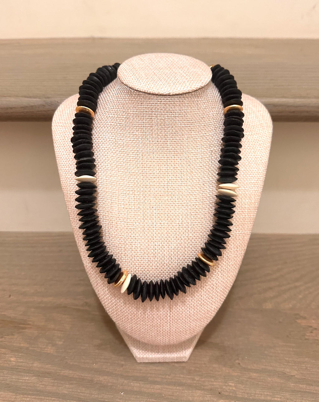 Black Saucer Bead and Gold Necklace l African Black Glass Saucer Beads l Gameday Necklace l Boho Necklace