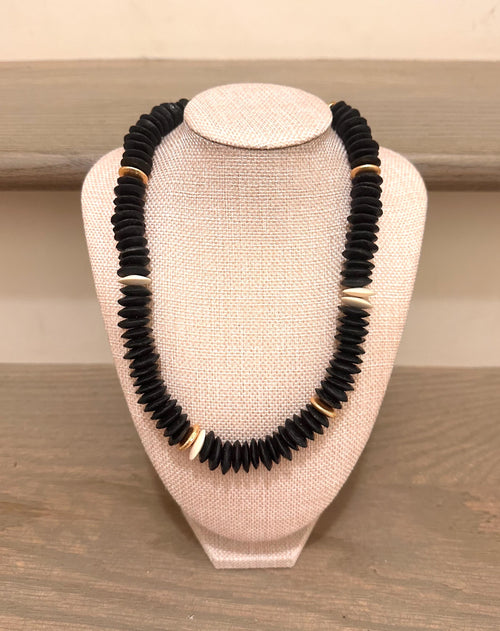 Black Saucer Bead and Gold Necklace l African Black Glass Saucer Beads l Gameday Necklace l Boho Necklace