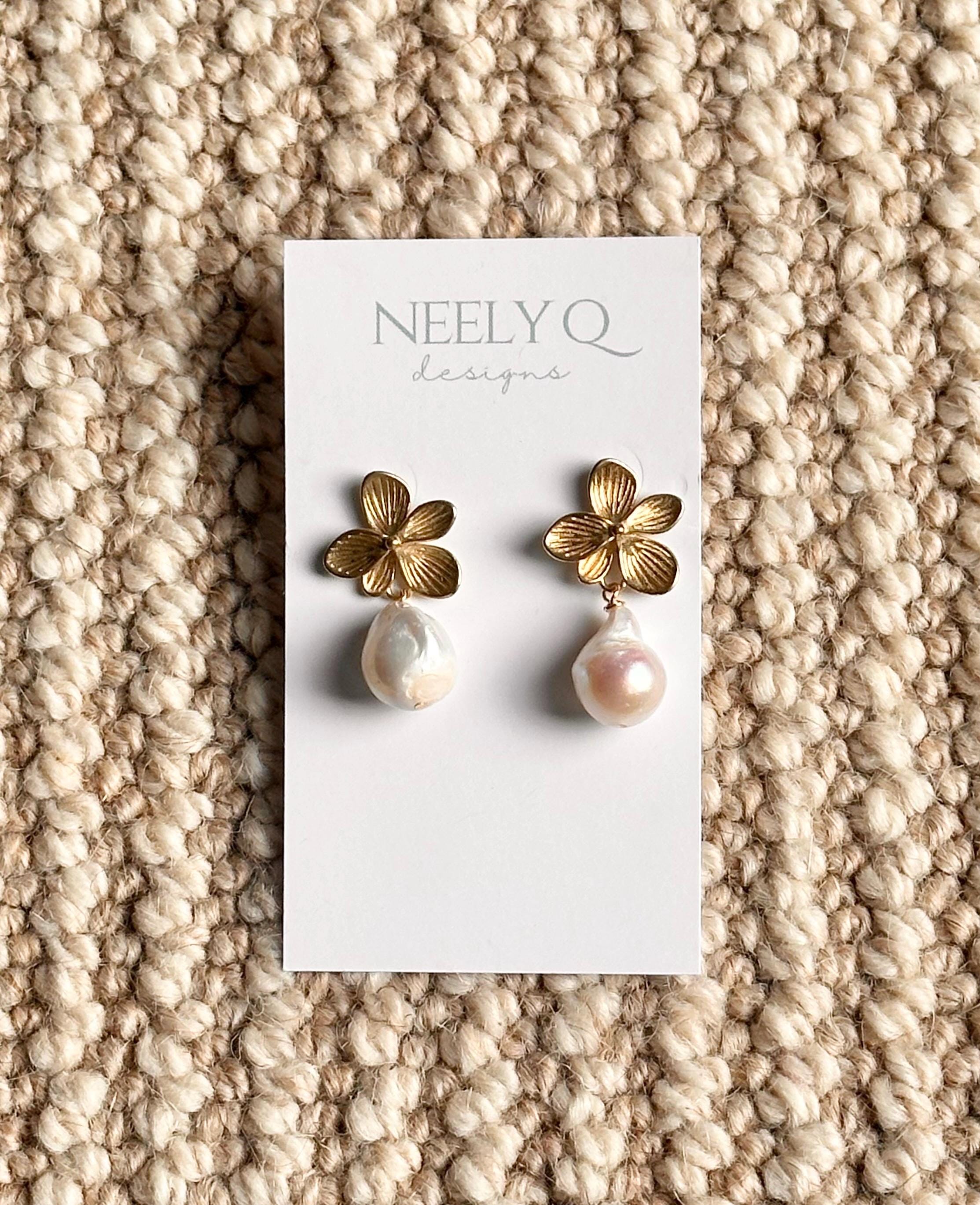 Gold Flower & Baroque Pearl Drop Earrings | Dainty Bridal Jewelry
