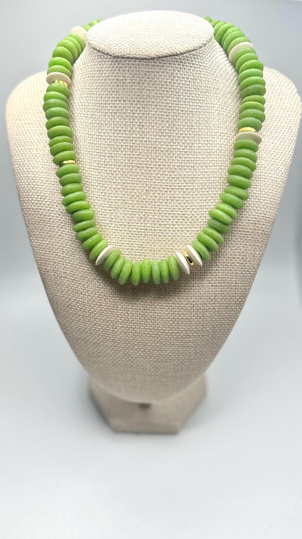 Winter Green Saucer + Gold Necklace | African Saucer Beaded Necklace | Statement Necklace