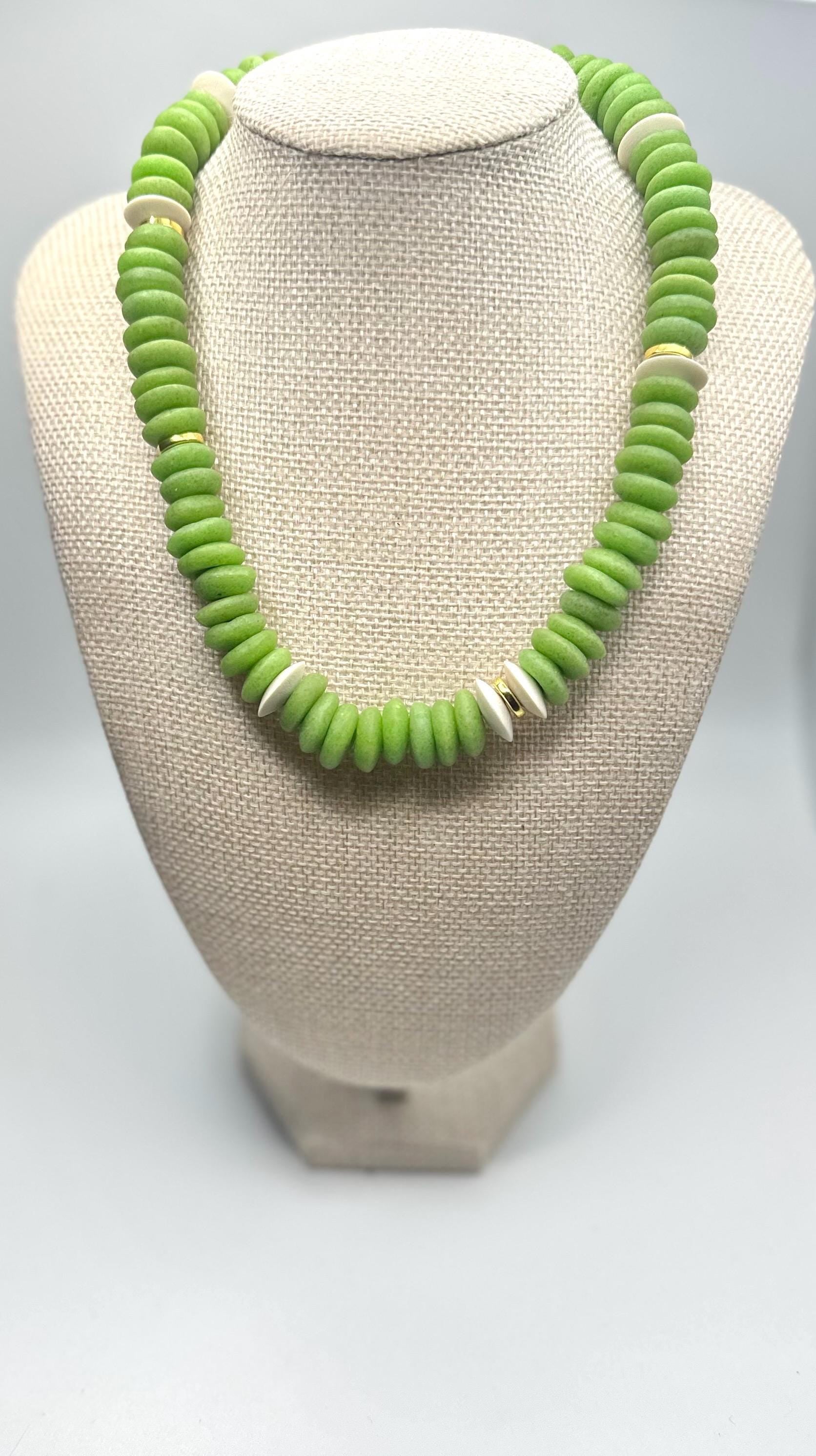 Winter Green Saucer + Gold Necklace | African Saucer Beaded Necklace | Statement Necklace