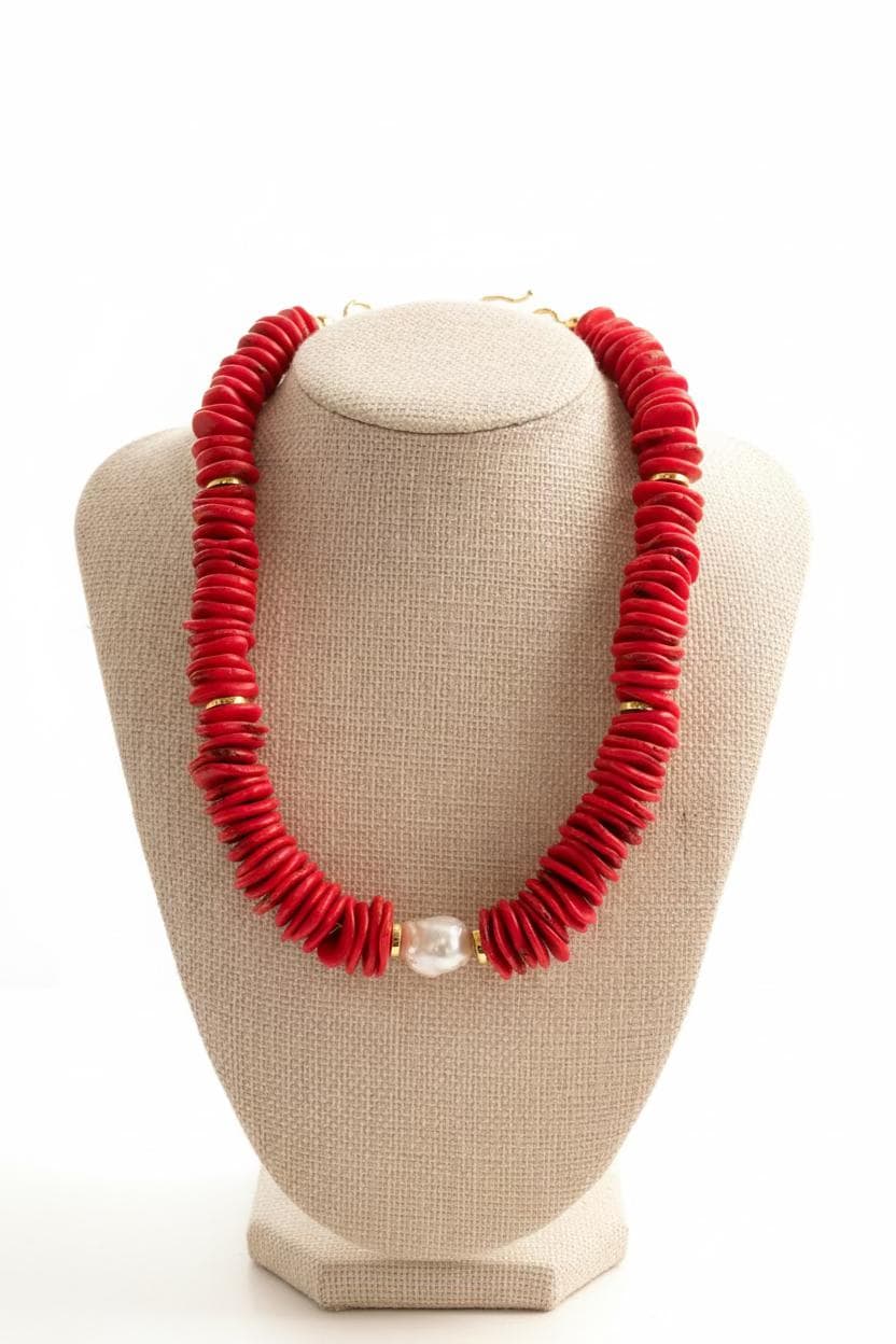 Boho Red Beaded and Pearl Necklace | Chunky Red Statement Necklace | Handmade Layering Necklace | Gift for her